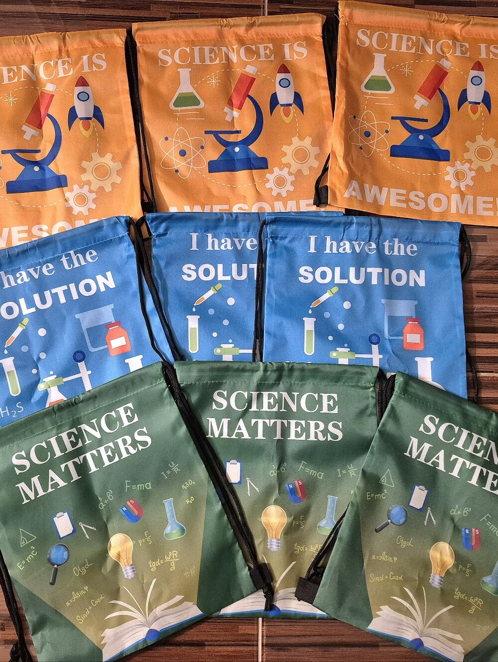 Science-Themed Drawstring Backpack Bundle - Orange, Blue, Green